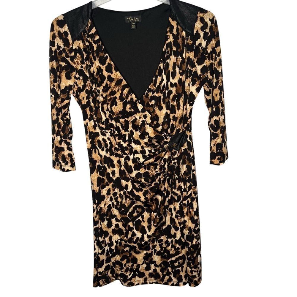 New! Thalia Sodi V-Neckline Faux Wrap Brown Leopard Bodycon Dress Sz L